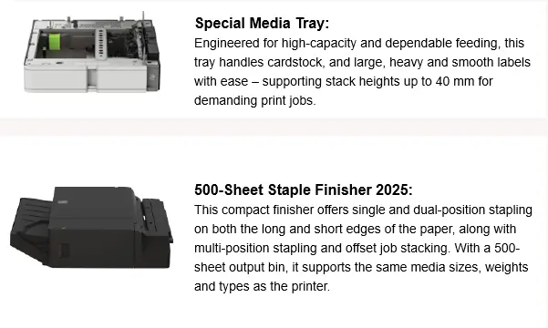 Lexmark 9 Series printer showcasing 2025 finishing upgrades with special media tray and 500-sheet staple finisher