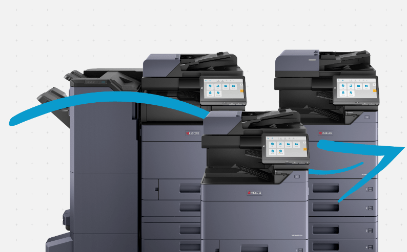 Front view of Kyocera TASKalfa MZ7001 A3 multifunction printer in office use, showing control panel and output tray