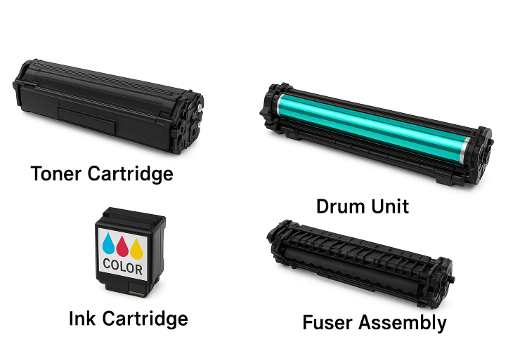 Toner, ink cartridges, drum unit, and fuser displayed together as essential printer consumables.