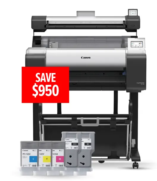 Canon imagePROGRAF TM-250 MFP large-format printer with Canon inks bundle promotion for professional printing