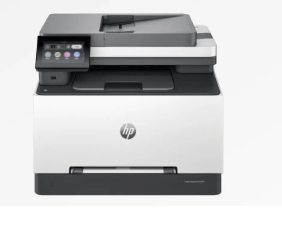 HP LaserJet Pro 3301fdw wireless color all-in-one printer with touchscreen display, suitable for small office environments.