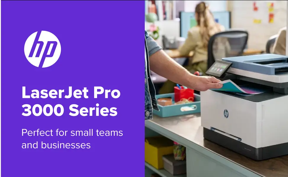 HP LaserJet Pro 3000 printer for small business office use, shown on a modern workspace desk.