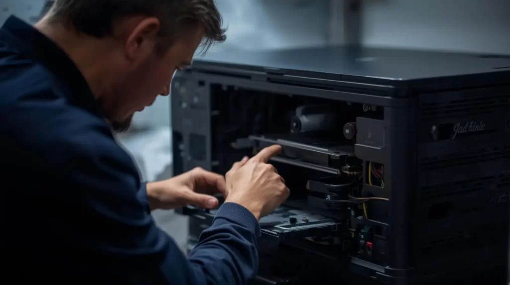 Technician inspecting internal components during maintenance.