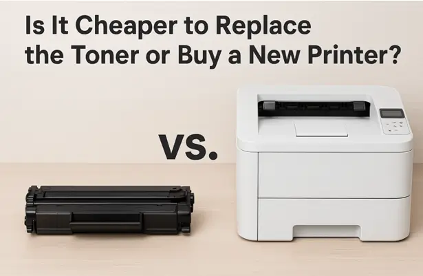 Close-up of laser printer with toner cartridges – comparing toner replacement and new printer cost efficiency.