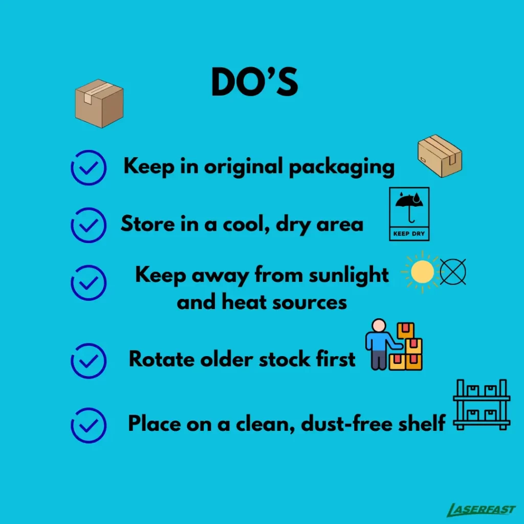 Several toner cartridges stored neatly in a clean, dry, dust-free area.