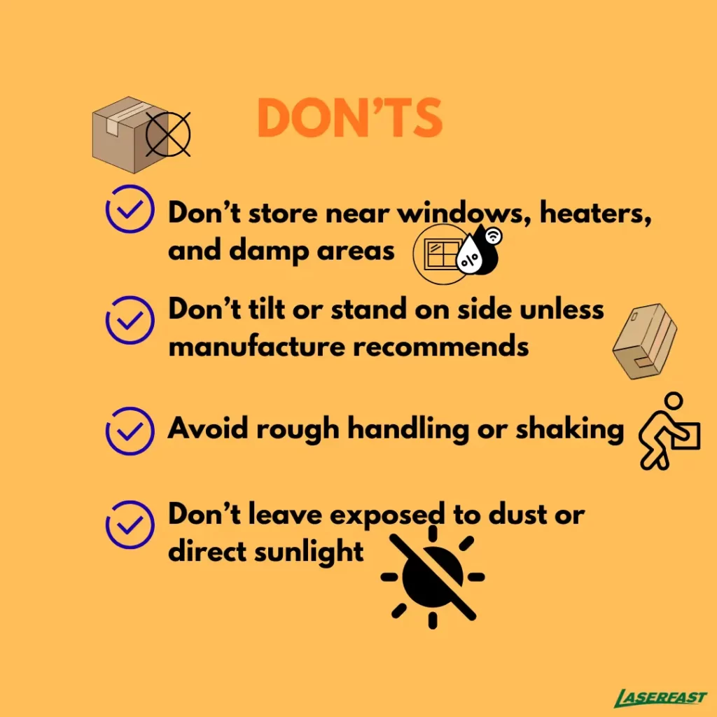 Toner cartridges stored flat in original packaging on a clean shelf.