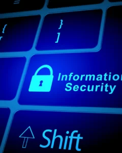 Office printer with security shield and network icons illustrating printer cybersecurity and data protection.