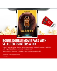 Canon ink printer promotion featuring Movie Pass offer with select Canon printers