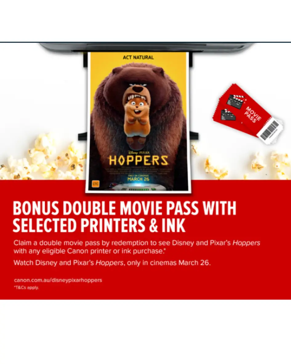 Canon ink printer promotion featuring Movie Pass offer with select Canon printers