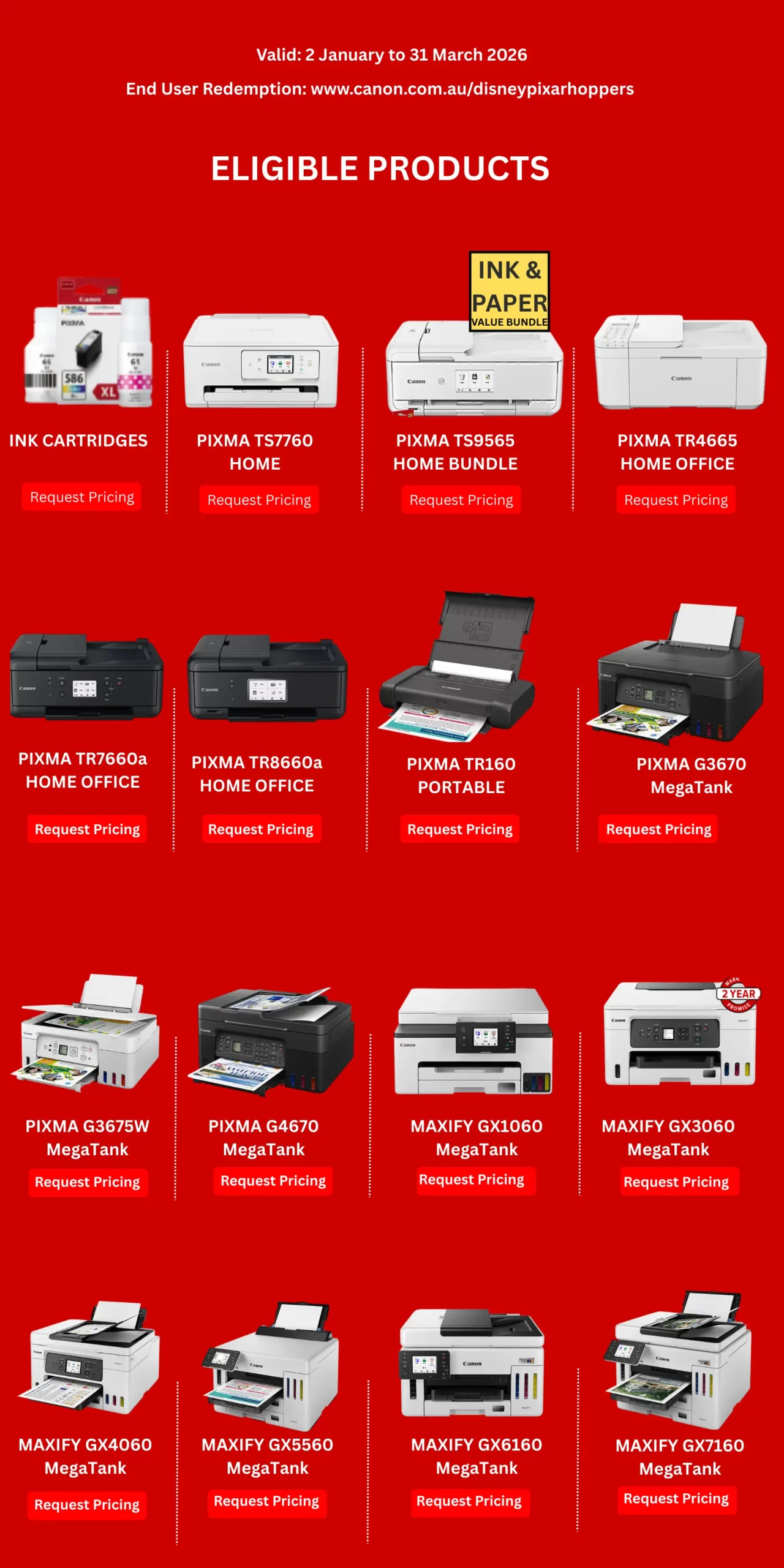 Canon ink printer promotion offering a bonus double movie pass with eligible Canon printers and ink