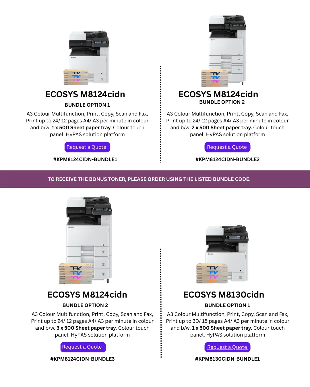 Kyocera ECOSYS A3 colour multifunction printer with free TK-8119 CMYK toner.