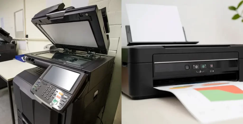 Office printer and photocopier placed side by side showing size and functionality differences