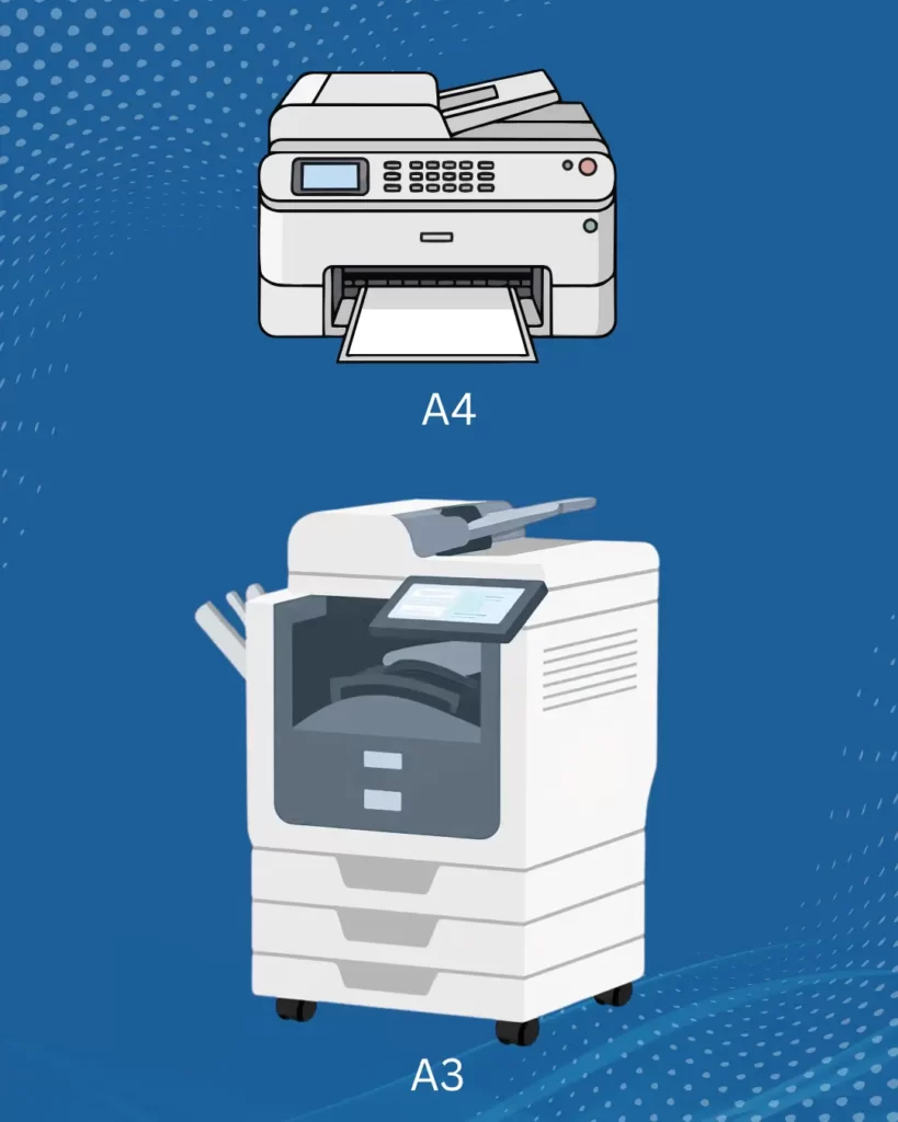 A4 printer and A3 office printer side by side showing size difference