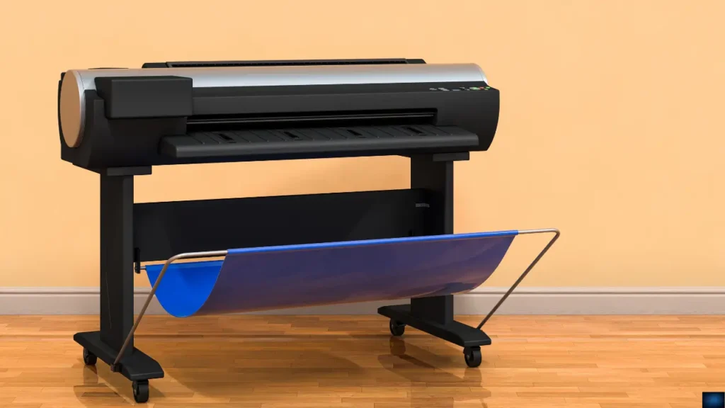 Technician servicing a large-format plotter printer