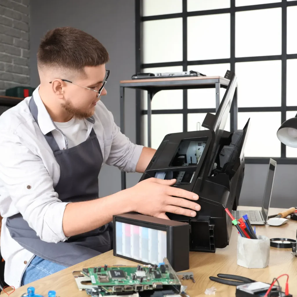 Technician setting up a business printer and checking network configuration