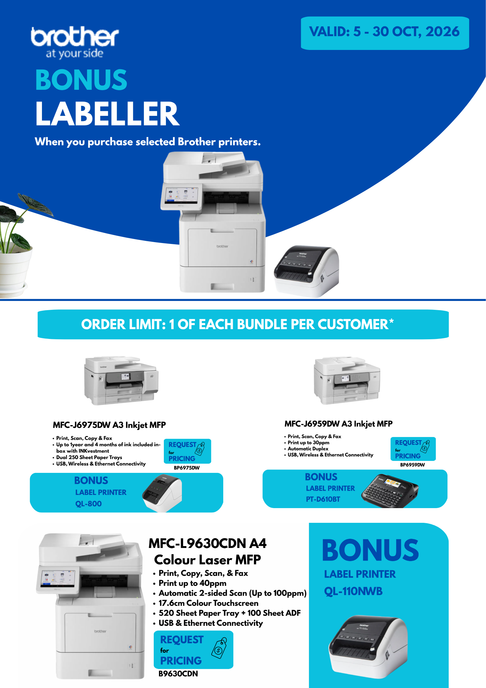 Brother Bonus Labeller Printer with MFC-J6975DW, MFC-J6959DW and MFC-L9630CDN