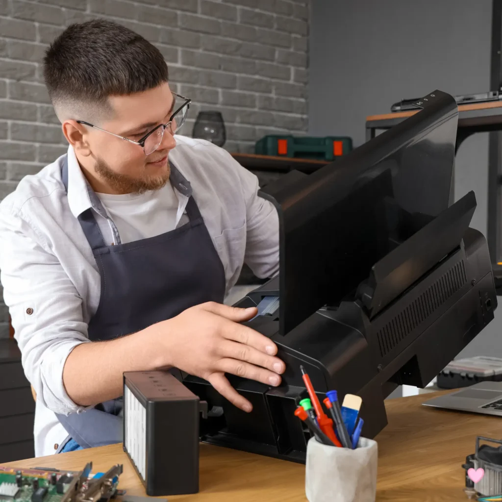 Technician inspecting a printer during routine maintenance
